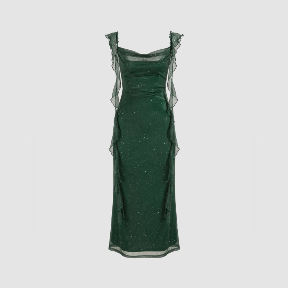 Cider Emerald Green Ruffled Cowl Maxi Dress